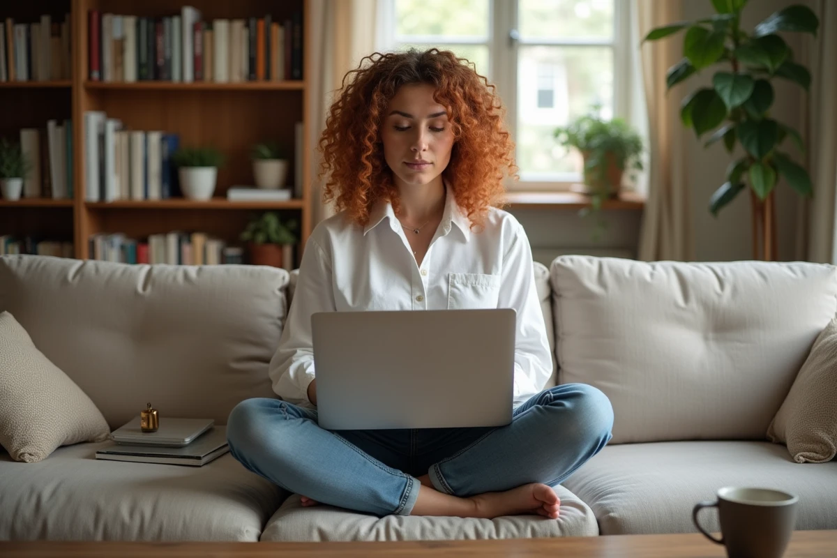 Femme comparant des logiciels utilitaires système sur un ordinateur portable dans un bureau à domicile cosy