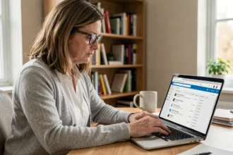 Femme consultant ses anciens messages sur une interface webmail depuis un ordinateur portable dans un bureau à domicile