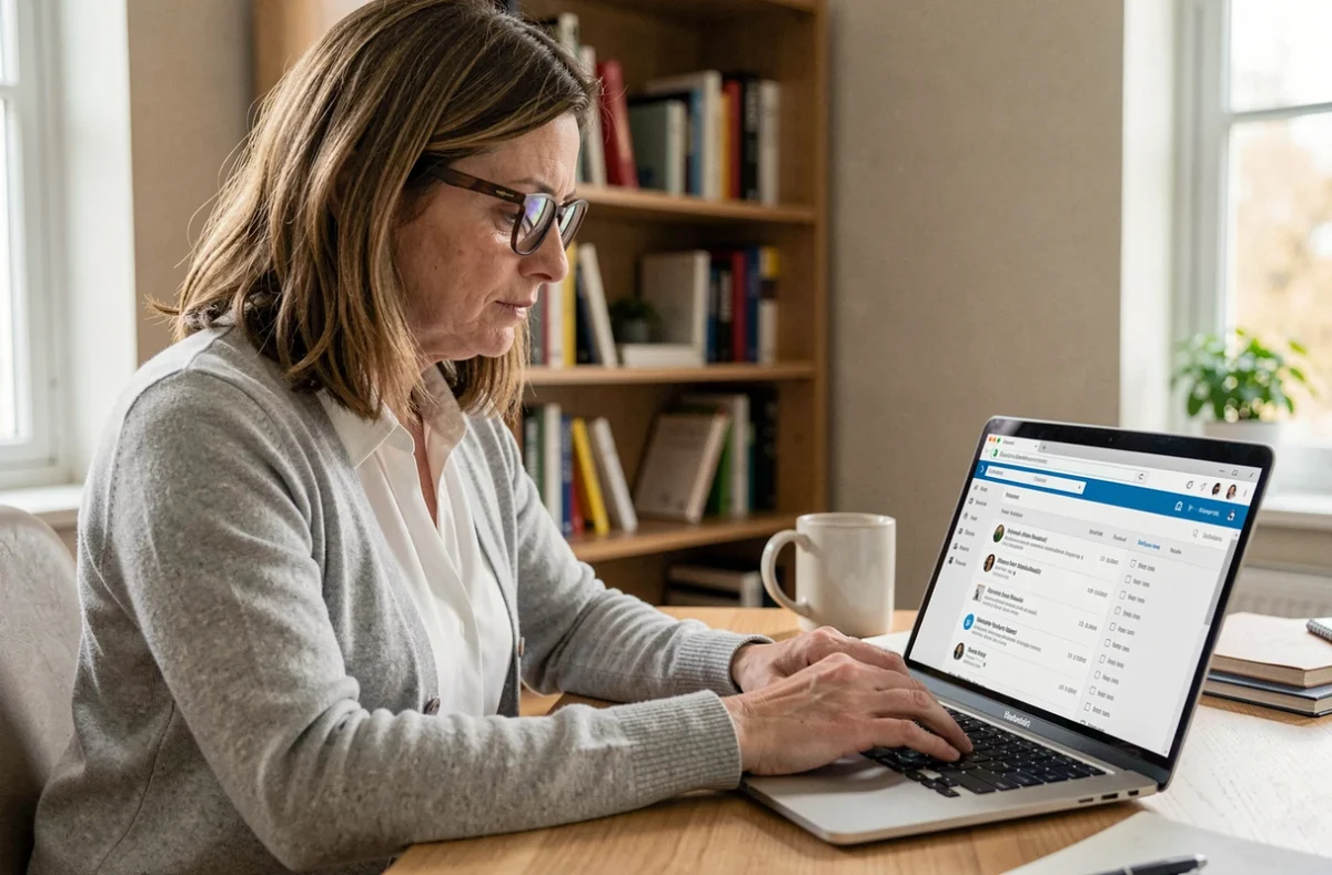 Femme consultant ses anciens messages sur une interface webmail depuis un ordinateur portable dans un bureau à domicile