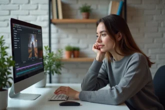 Jeune femme utilisant un convertisseur vidéo en ligne sur son ordinateur portable dans un bureau à domicile moderne