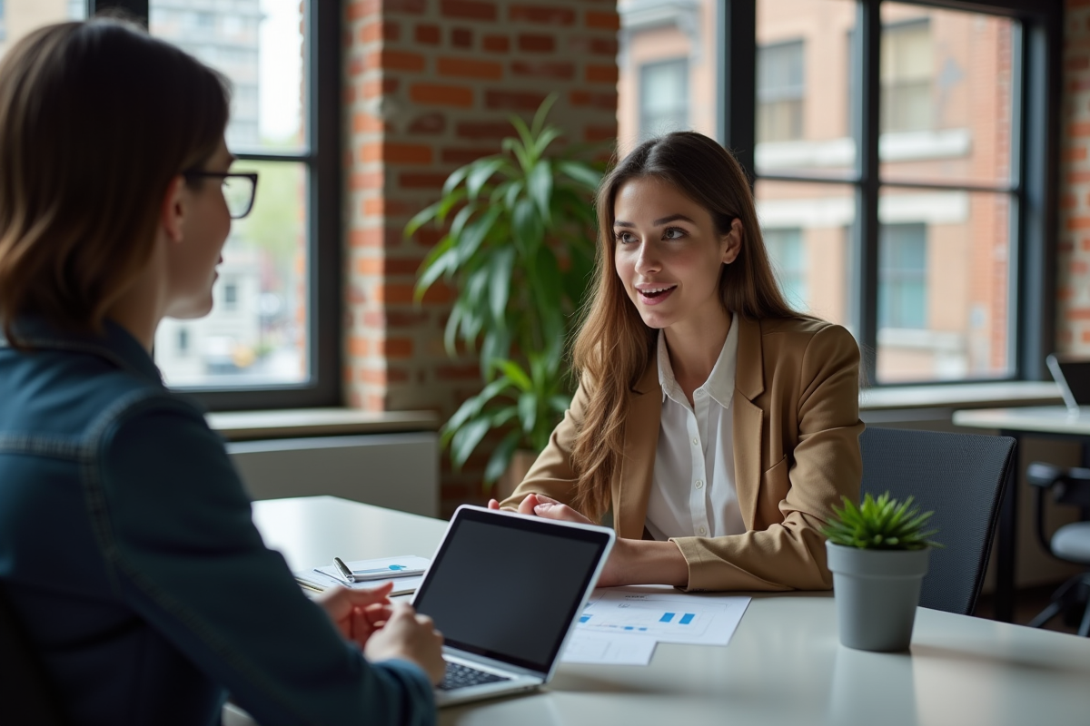 Femme discutant de SQL avec collègue dans coworking