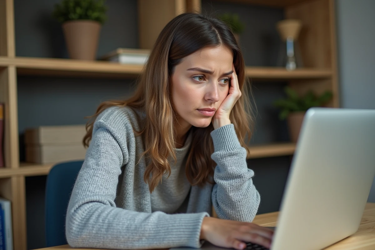 Femme frustrée devant un document Word avec une page blanche indésirable sur son ordinateur portable