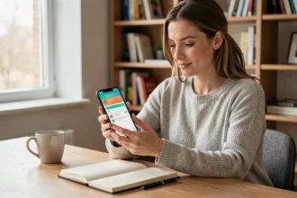 Femme tenant un Google Pixel 8a et interagissant avec l'assistant IA Google dans un bureau à domicile