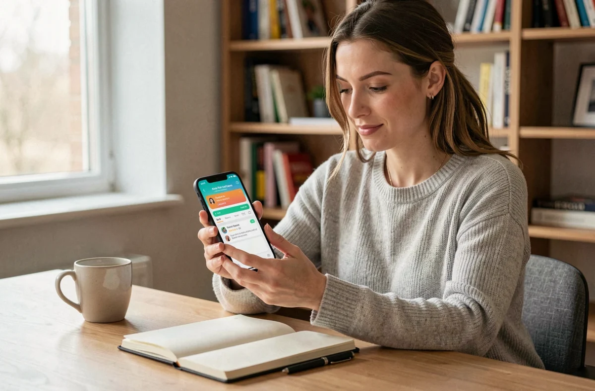 Femme tenant un Google Pixel 8a et interagissant avec l'assistant IA Google dans un bureau à domicile