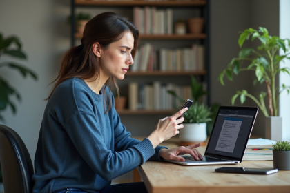 Femme inquiète utilisant son smartphone dans un bureau moderne