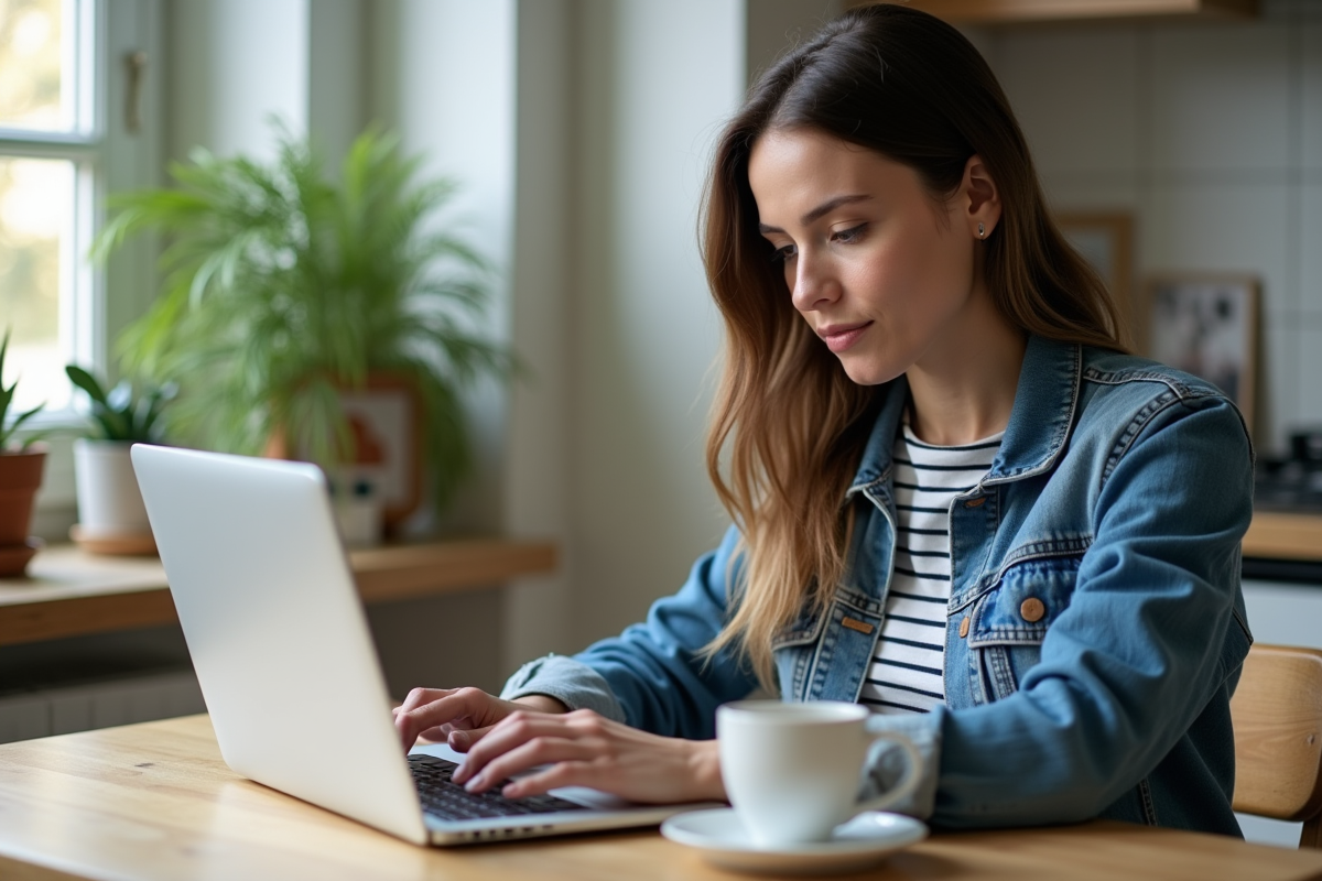 Femme utilisant un ordinateur portable dans une cuisine chaleureuse