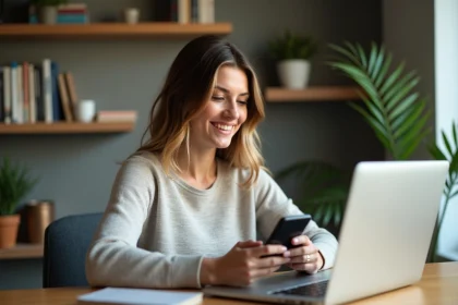 Femme détendue utilisant ordinateur et smartphone à la maison