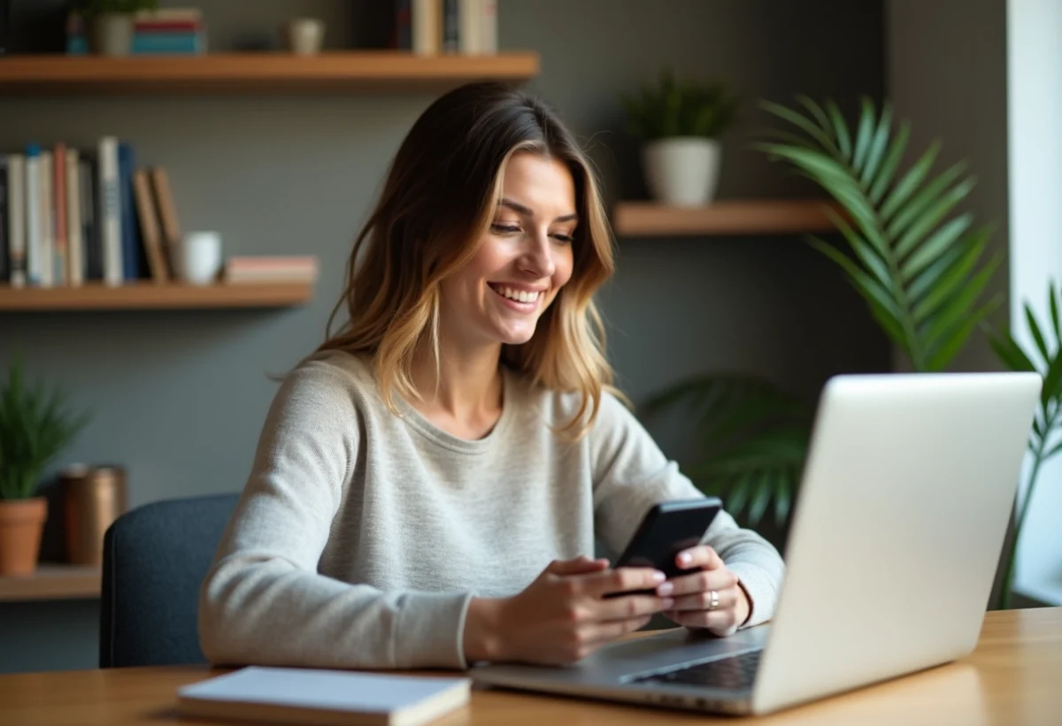 Femme détendue utilisant ordinateur et smartphone à la maison