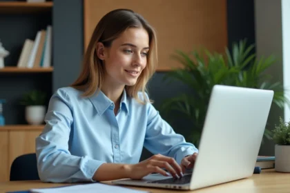 Femme organisant ses emails sur son ordinateur dans un bureau moderne