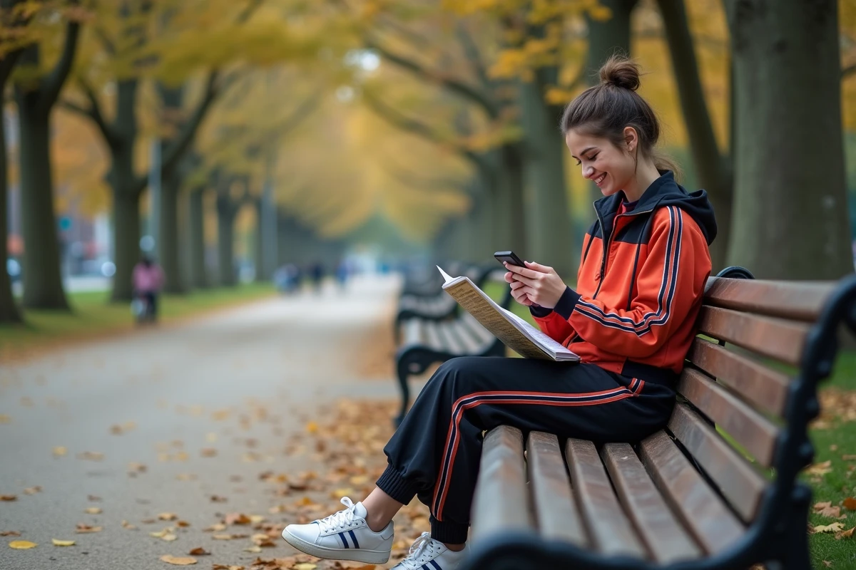 Jeune femme souriante utilisant un vieux téléphone dans un parc