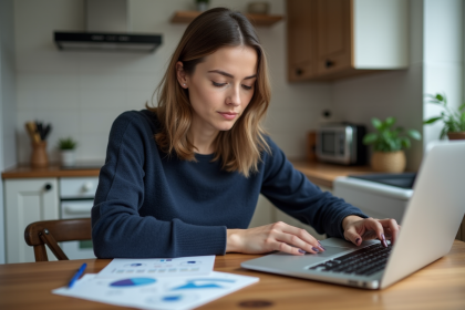 Femme concentrée sur ses notes et graphiques en cuisine