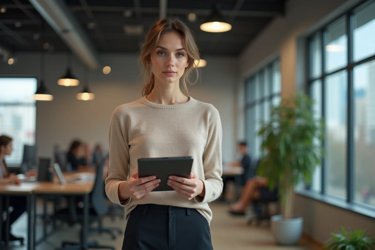 Femme professionnelle avec tablette dans espace de coworking