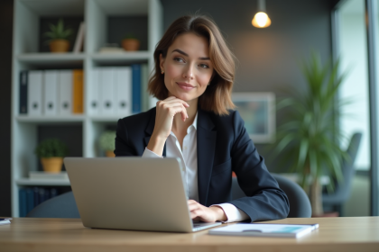 Femme professionnelle en bureau moderne travaillant sur une campagne publicitaire