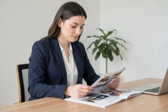 Femme professionnelle en blazer marine révisant son portfolio imprimé à un bureau minimaliste en bois dans un bureau à domicile moderne