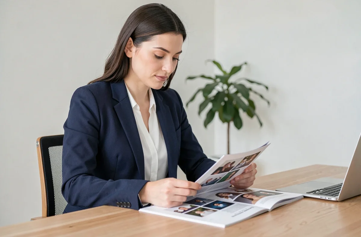 Femme professionnelle en blazer marine révisant son portfolio imprimé à un bureau minimaliste en bois dans un bureau à domicile moderne