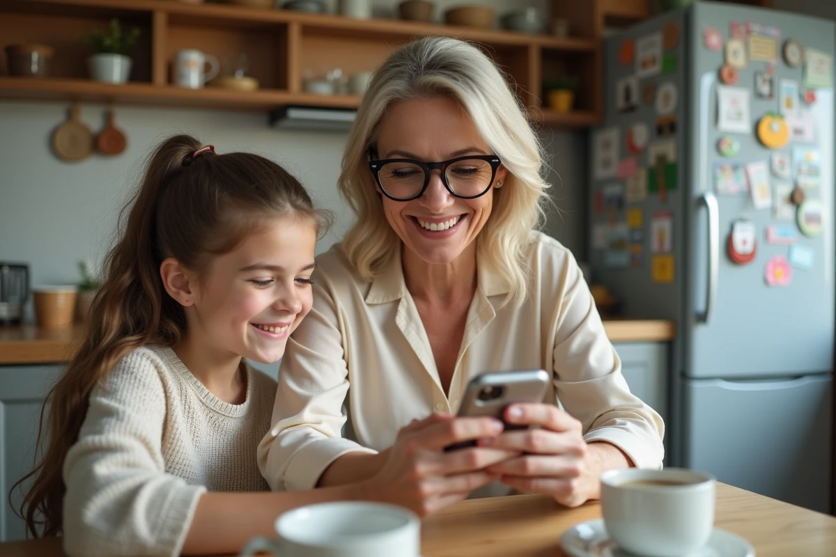 Femme montrant un QR code WiFi à une adolescente dans la cuisine