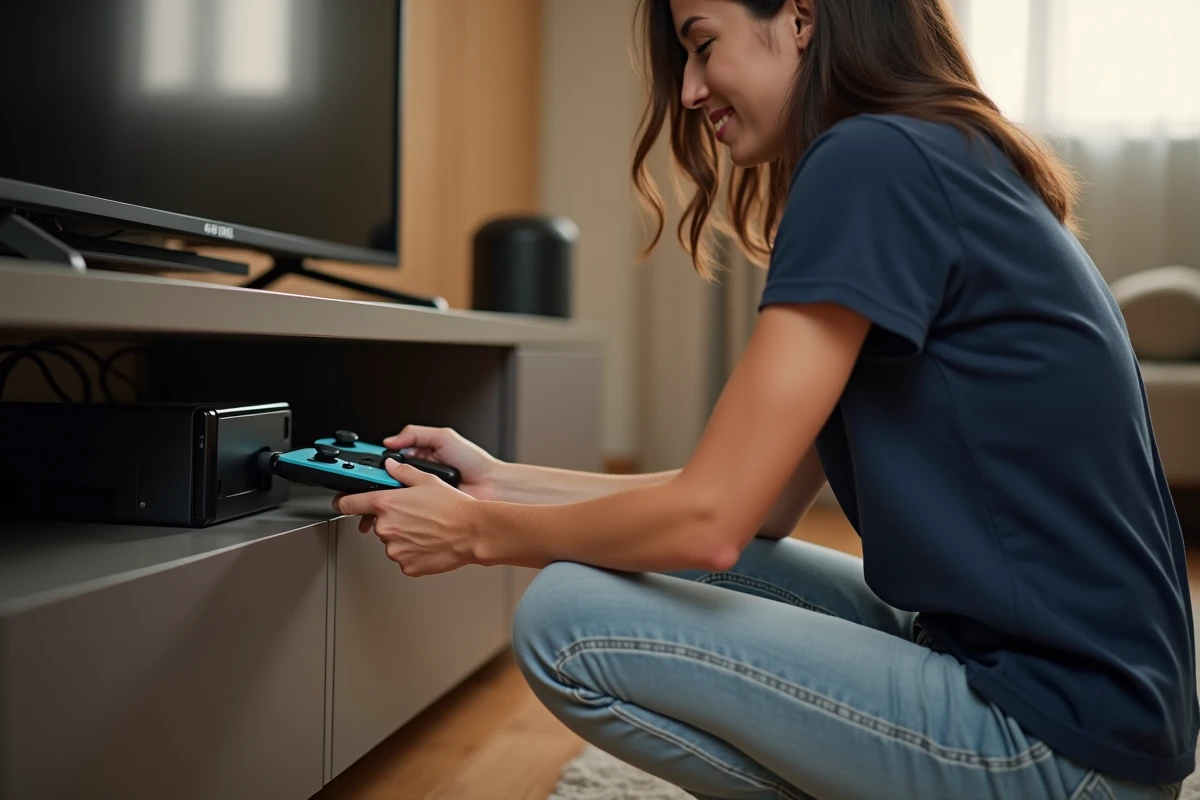 Femme reconnectant une manette Joy-Con au dock Nintendo Switch dans un salon pour résoudre un problème de synchronisation