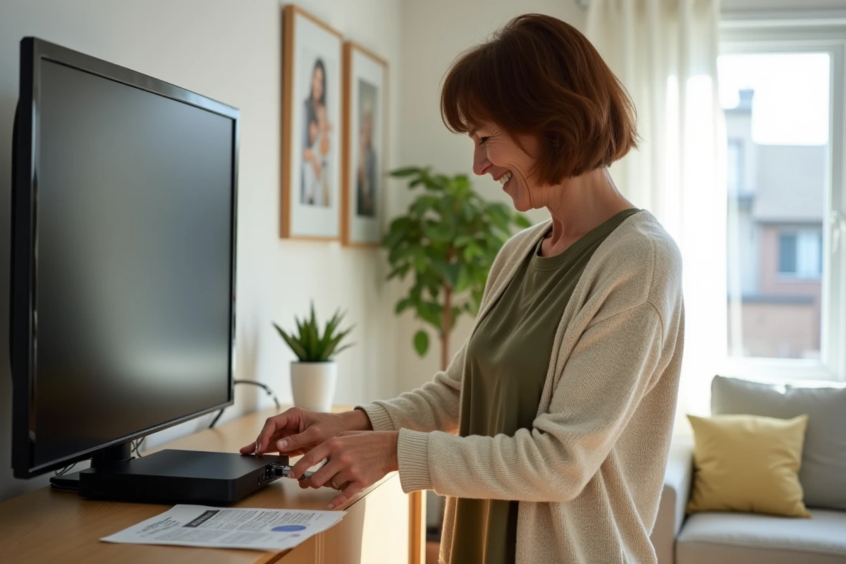 Femme ajustant un câble sur la box internet dans un appartement lumineux