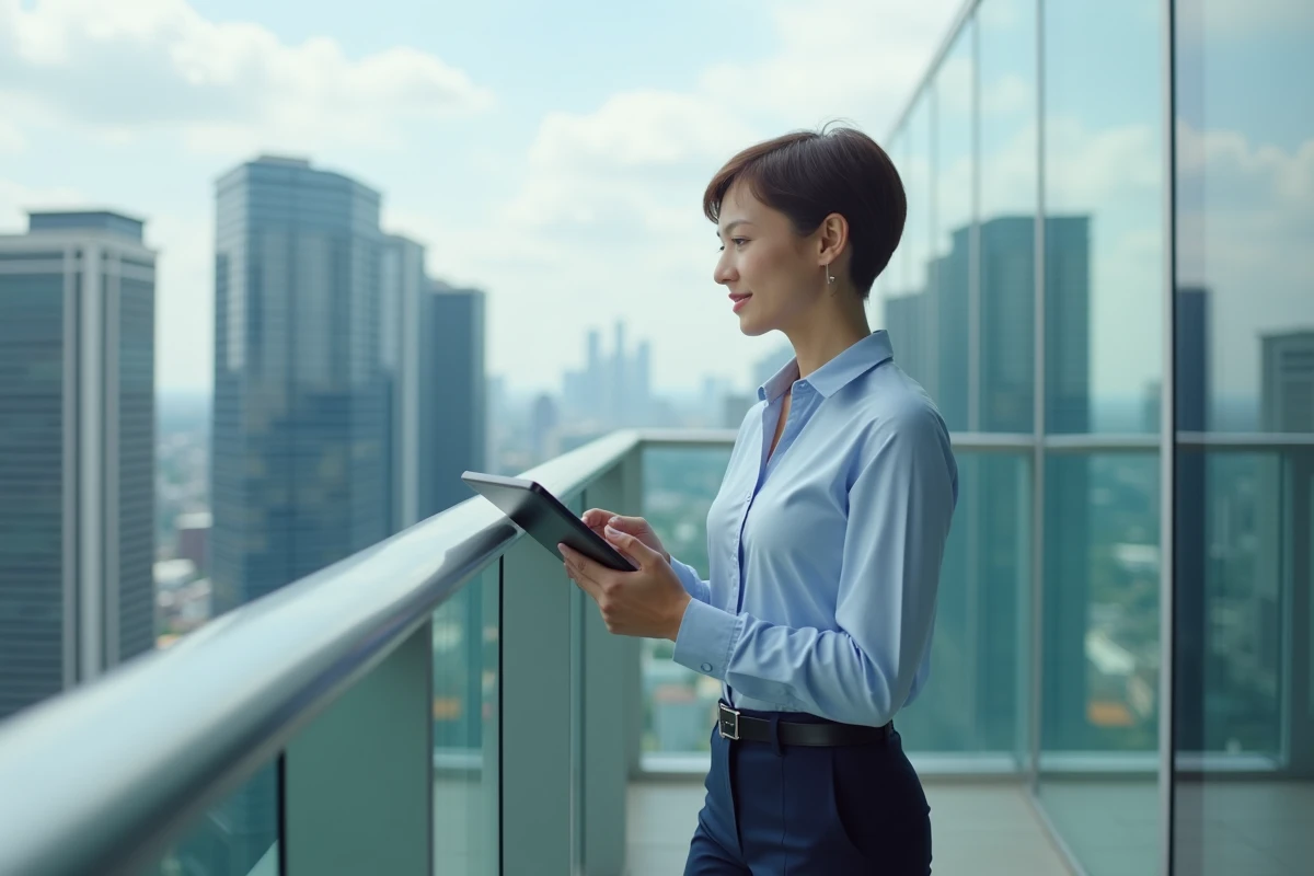 Femme avec tablette sur un toit avec vue urbaine