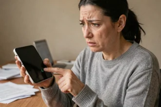 Femme tenant un Samsung Galaxy Z Flip 4 avec écran noir non réactif, cherchant à récupérer ses données