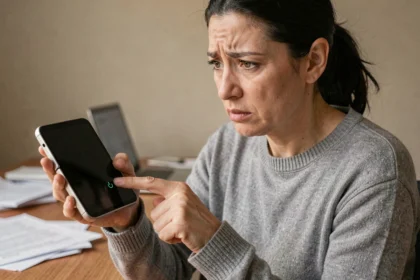 Femme tenant un Samsung Galaxy Z Flip 4 avec écran noir non réactif, cherchant à récupérer ses données
