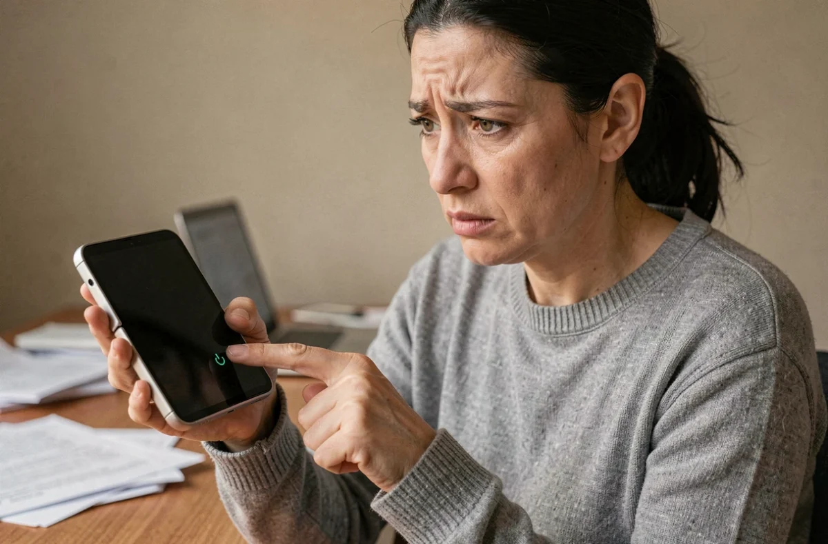 Femme tenant un Samsung Galaxy Z Flip 4 avec écran noir non réactif, cherchant à récupérer ses données