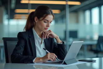 Femme d affaires signant un document numérique au bureau