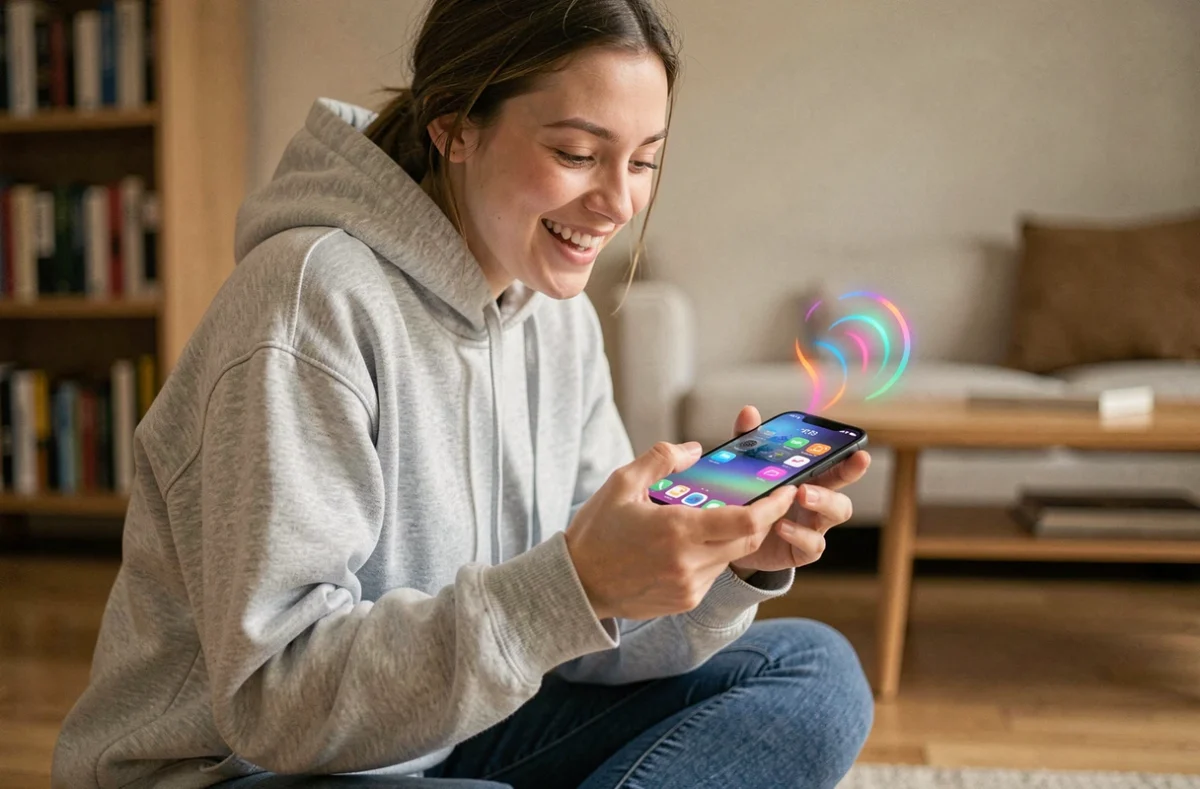Jeune femme souriante tenant un smartphone à l'horizontale, découvrant l'astuce Do a Barrel Roll sur son téléphone