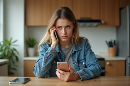 Jeune femme regardant son smartphone à la maison