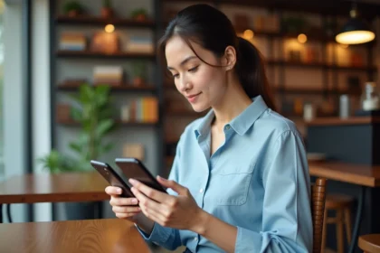 Jeune femme avec deux smartphones Android dans un café
