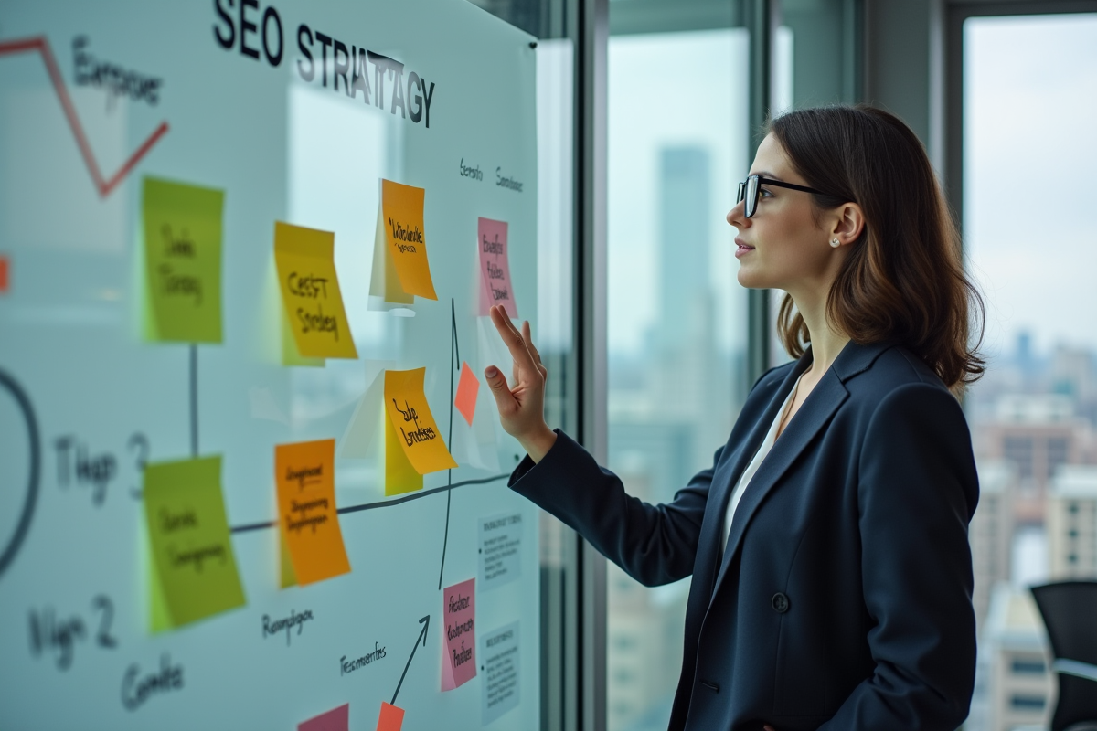 Femme professionnelle expliquant des notes de strategie SEO