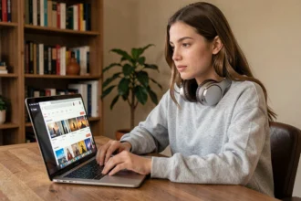 Jeune femme écoutant de la musique en ligne sur un site de streaming depuis son bureau à domicile