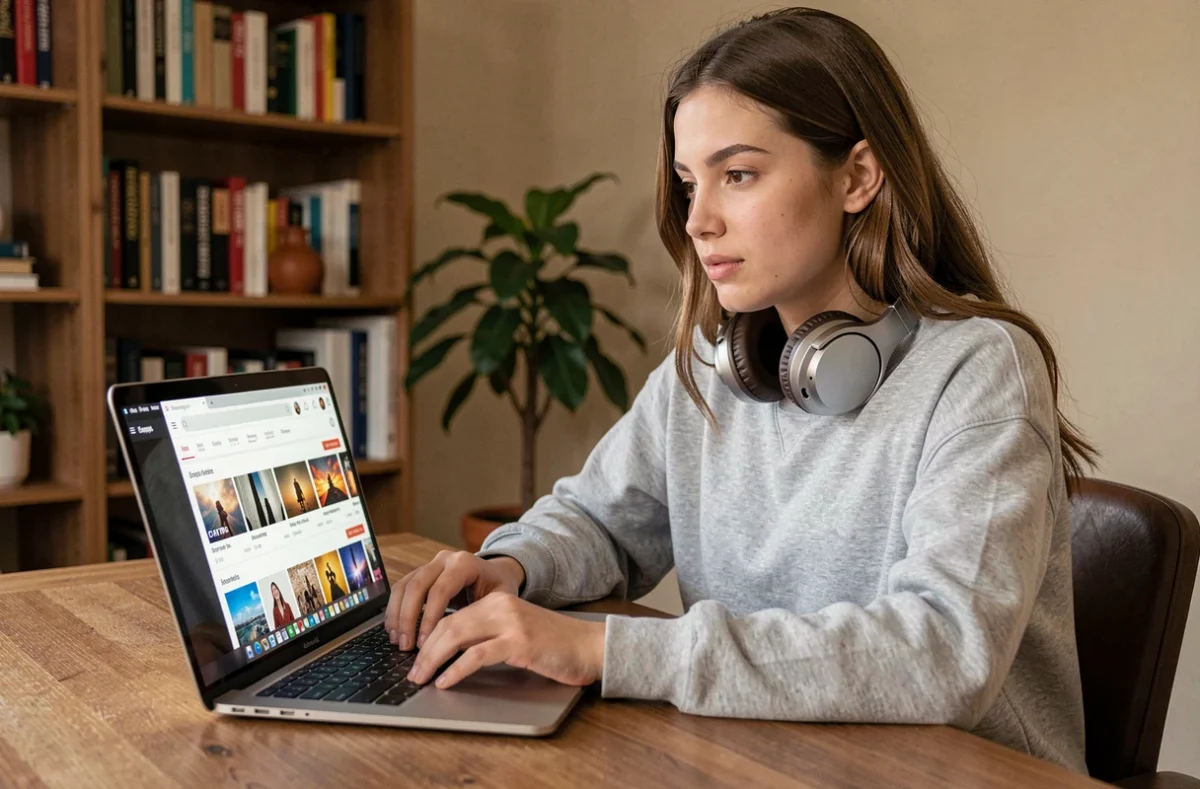 Jeune femme écoutant de la musique en ligne sur un site de streaming depuis son bureau à domicile