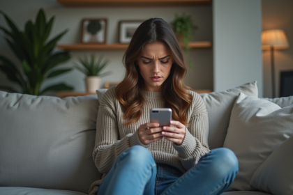 Jeune femme inquiète lisant un message sur son smartphone dans un salon minimaliste