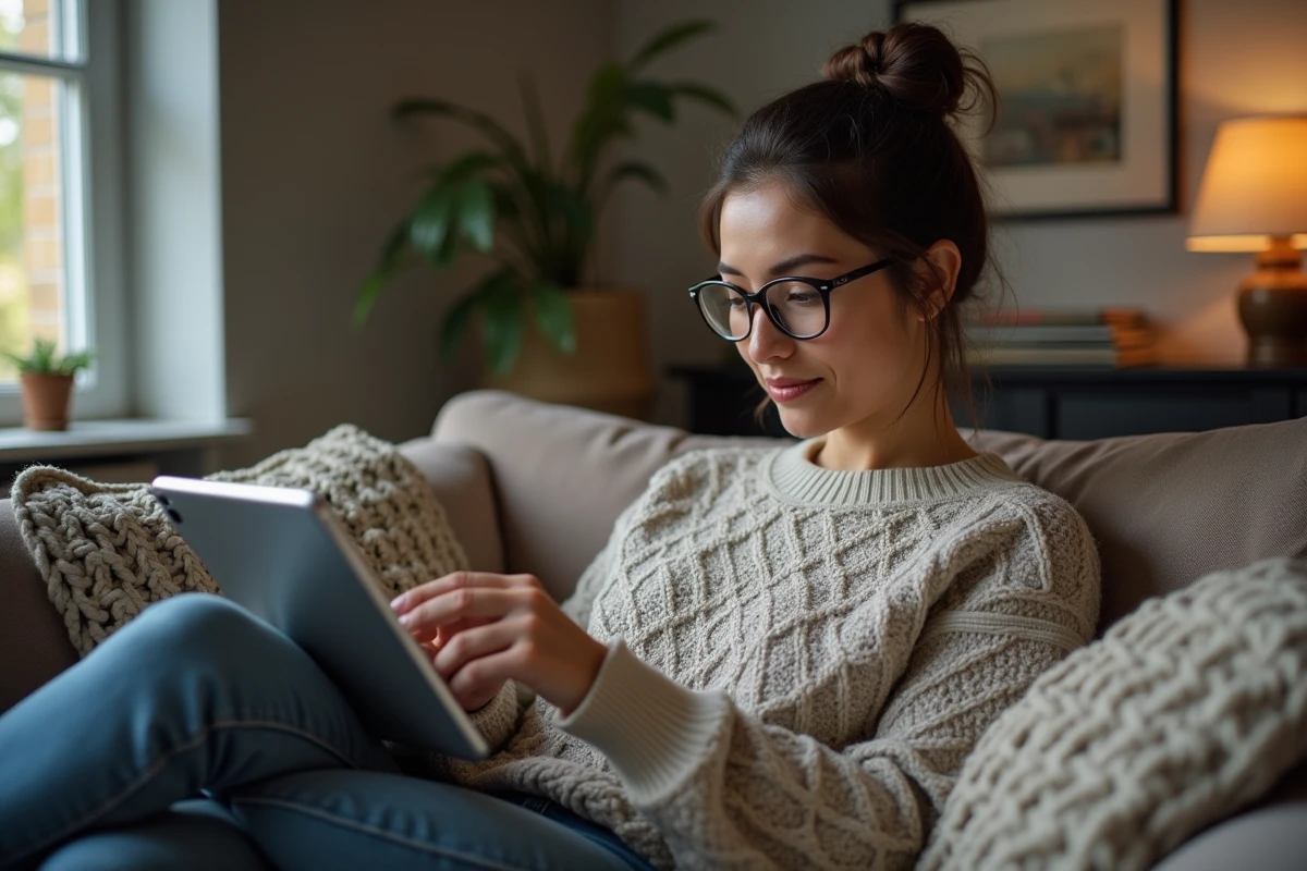 Femme détendue utilisant une tablette pour musique à la maison