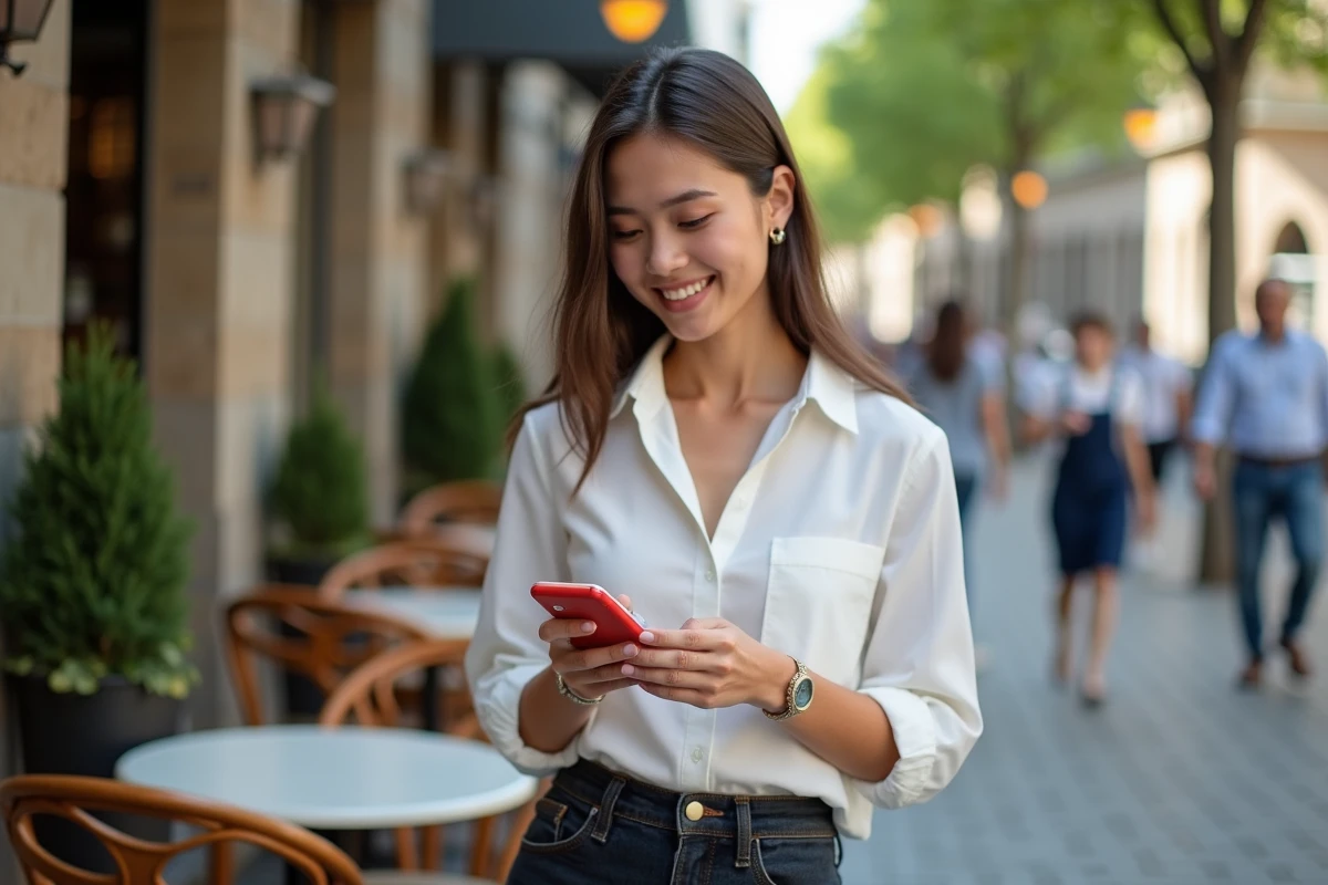 Jeune femme au café utilisant un téléphone vintage blanc et rouge