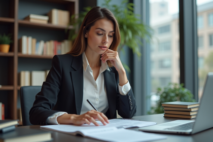 Femme professionnelle relisant des documents traduits au bureau