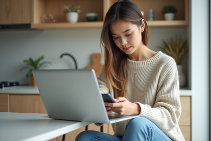 Jeune femme travaillant sur son ordinateur dans une cuisine moderne
