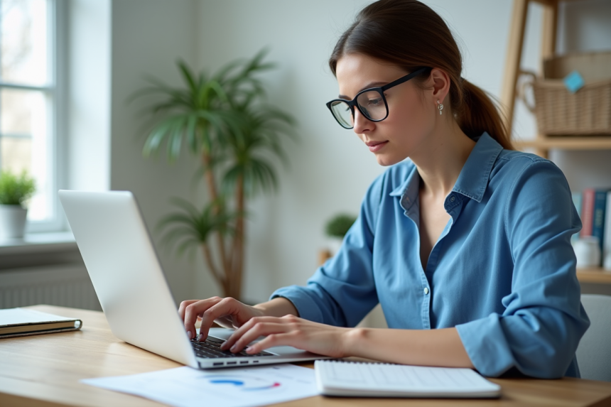 Jeune femme travaillant sur un ordinateur dans un bureau moderne