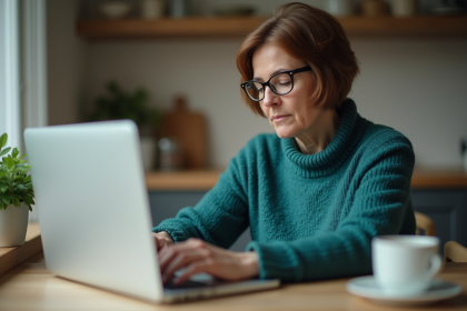Femme d'âge moyen travaillant sur son ordinateur dans la cuisine