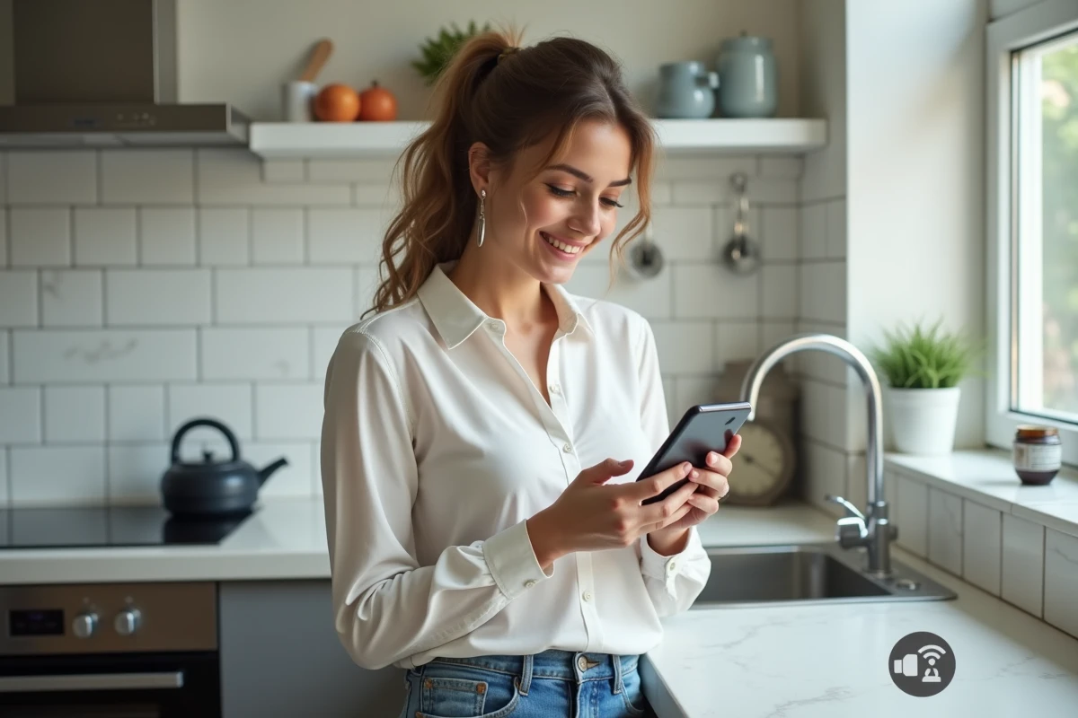 Femme dans la cuisine vérifie les réglages wifi avec son smartphone