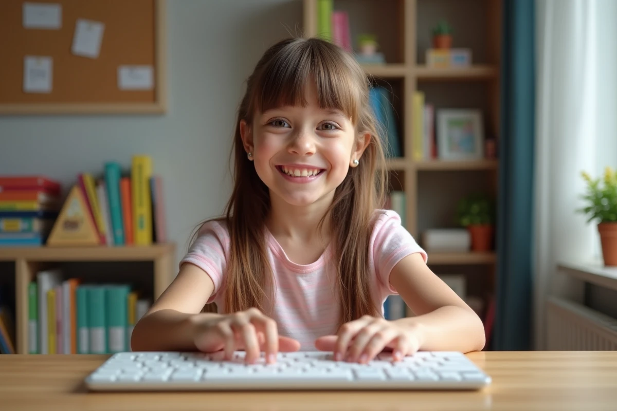Jeune fille assise devant un clavier en train d'appuyer sur Shift