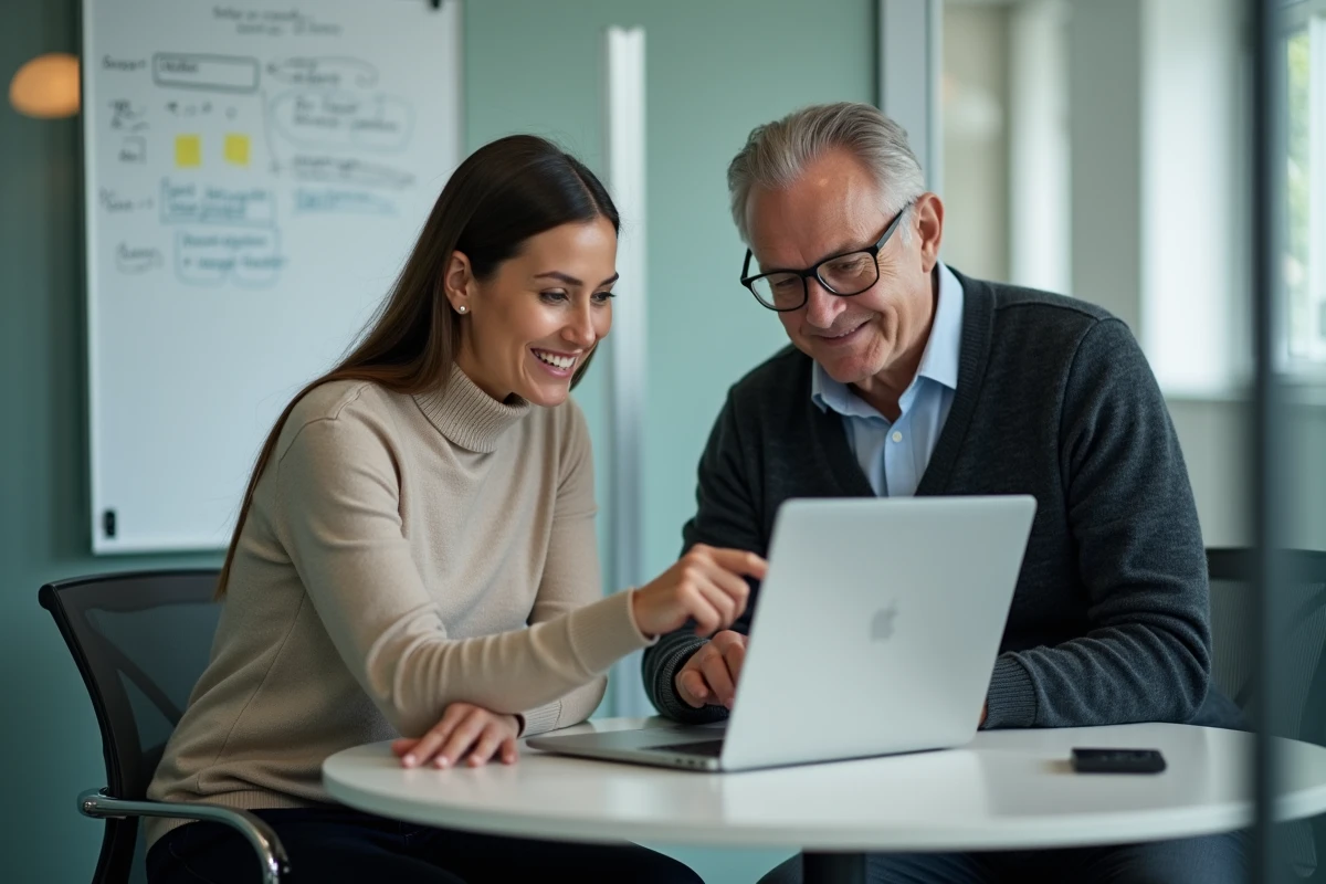 Deux personnels administratifs échangeant sur les bonnes pratiques de l'intranet Normandie lors d'une session de formation en salle de réunion