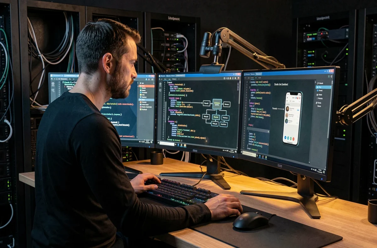 Développeur senior face à trois écrans affichant du code avancé et une architecture mobile, représentant l'agence Galadrim orientée développement technique avancé