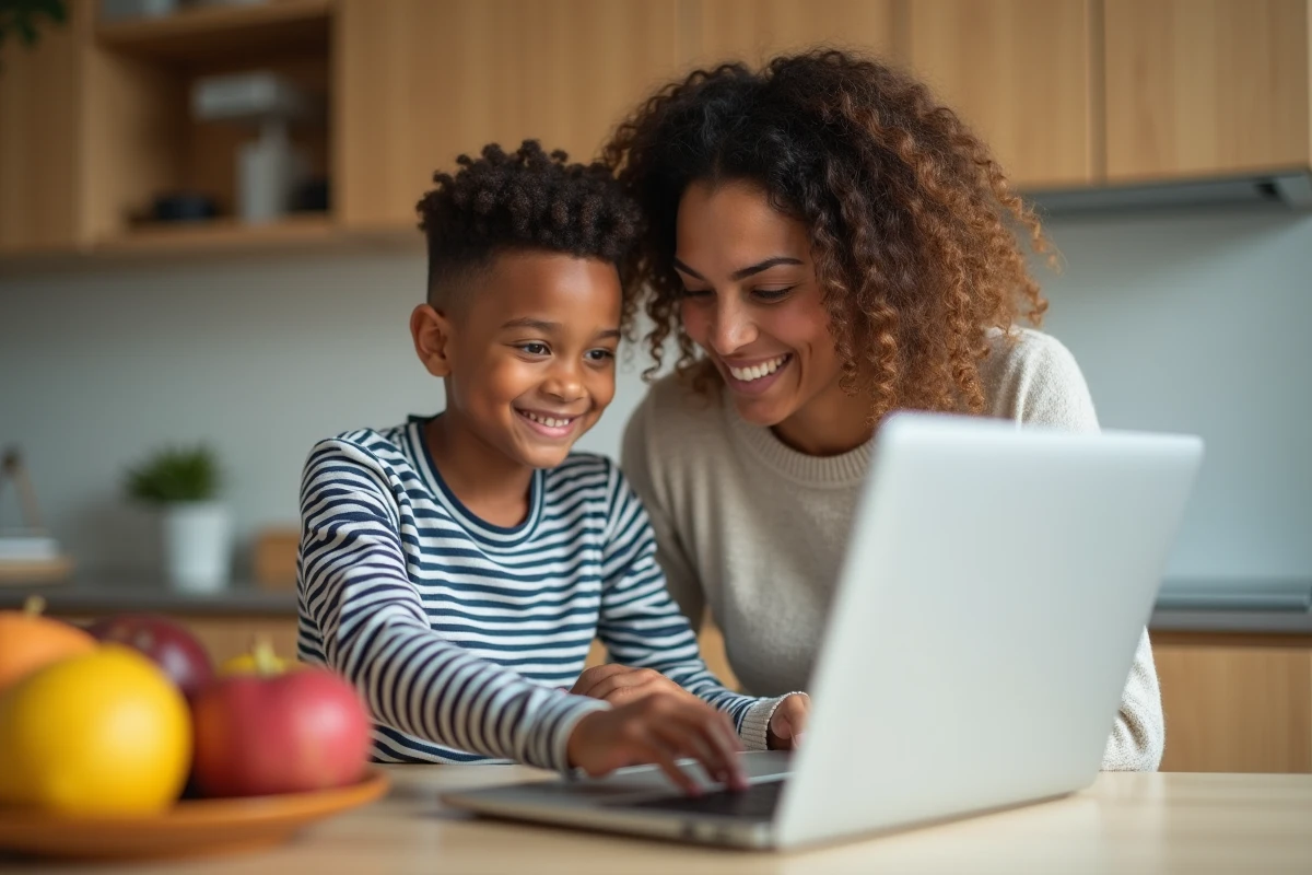 Garçon montrant à sa mère comment utiliser la touche Shift sur un ordinateur