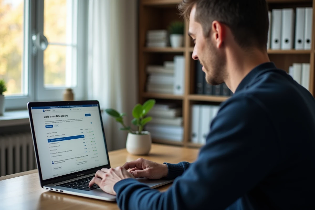 Homme en télétravail gérant le suivi client via les dossiers d'un webmail IONOS sur son ordinateur portable