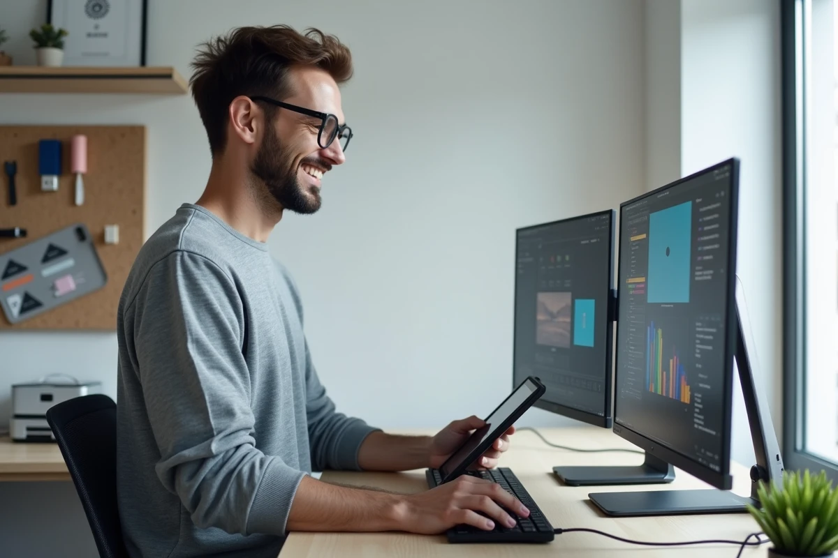 Graphiste masculin utilisant une plateforme de banque d'images IA sur double écran dans un bureau minimaliste