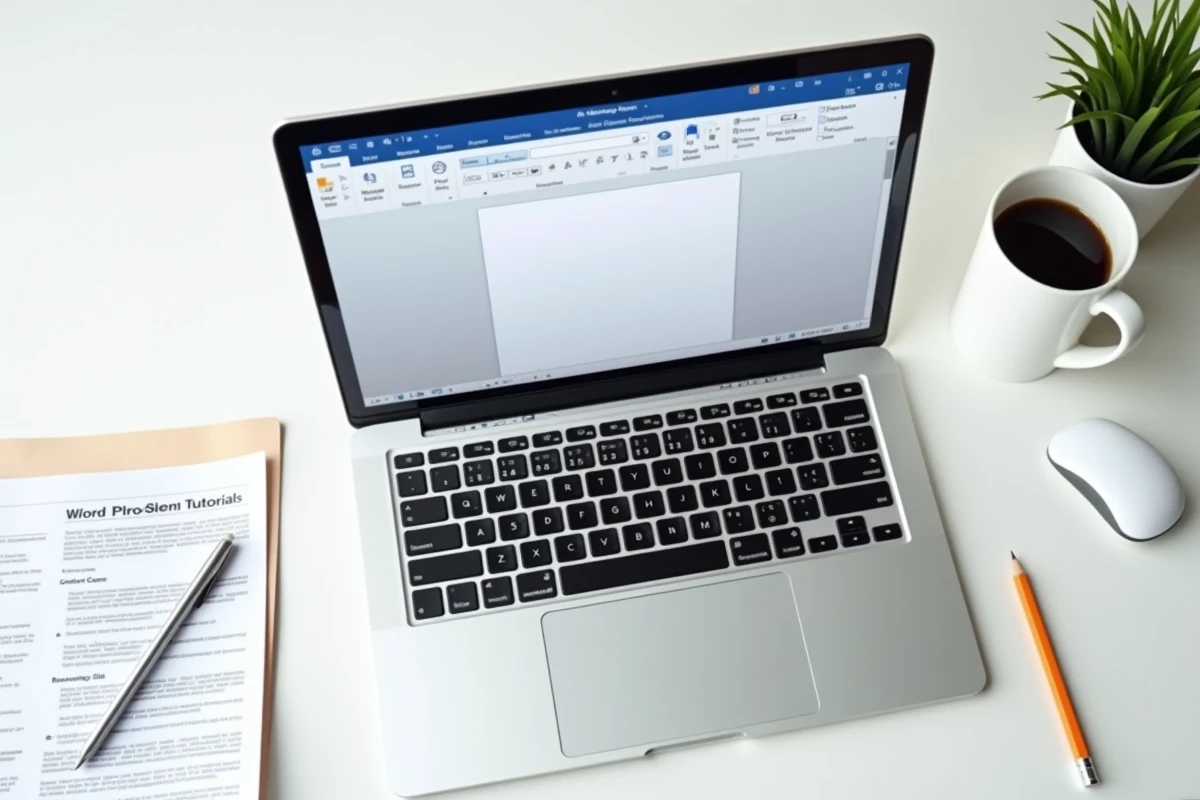 Vue rapprochée d'un écran d'ordinateur portable montrant les symboles de mise en forme Word et une page blanche à supprimer