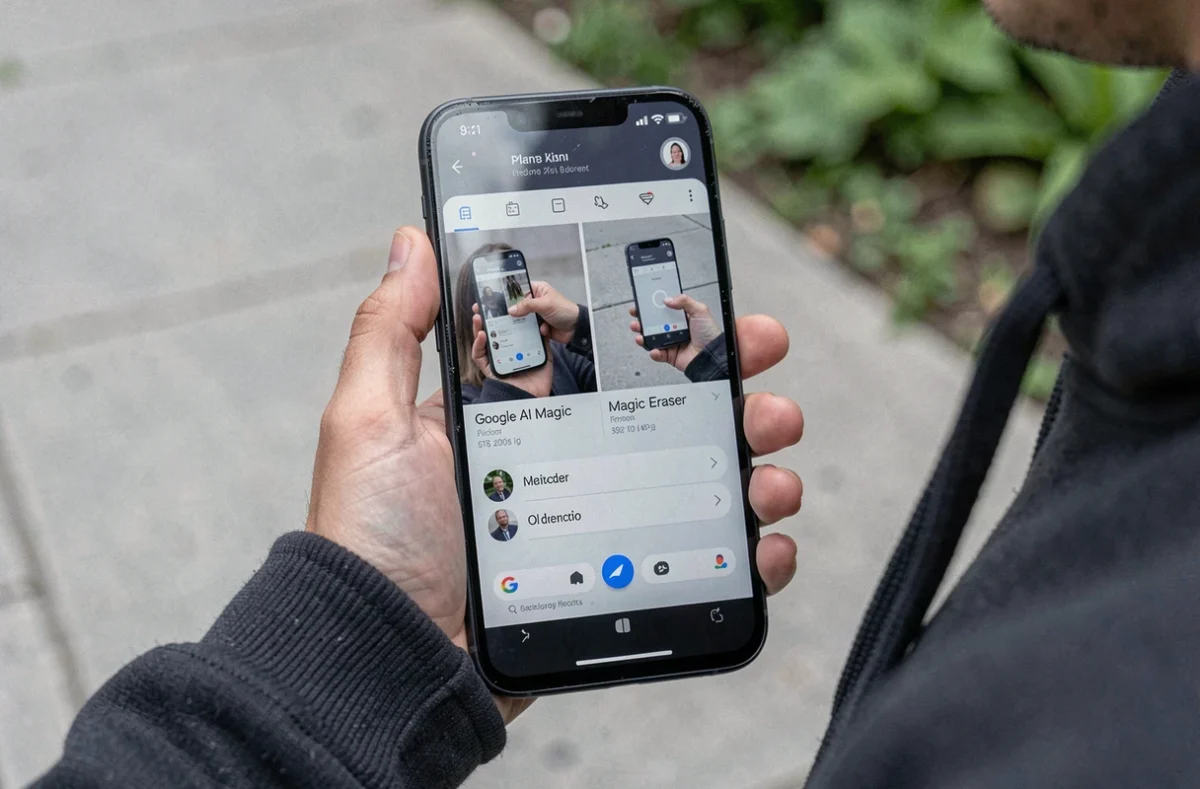 Gros plan d'un Google Pixel 8a affichant une fonction d'édition photo par intelligence artificielle Google