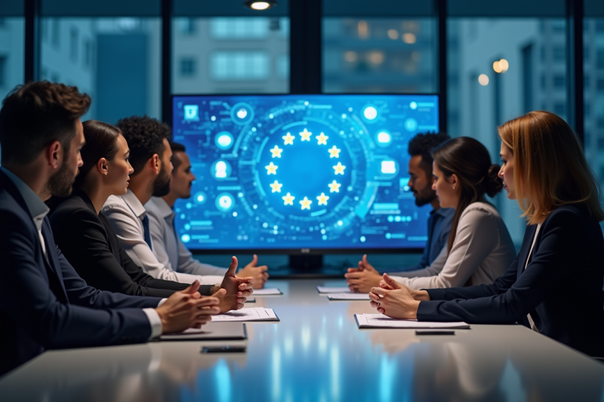 Professionnels discutant conformité GDPR dans un bureau lumineux